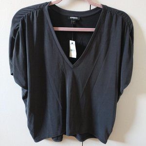 Express Silky Sueded Jersey Ruched Shoulder Vee-Neck Tee NWT